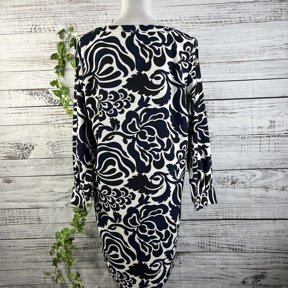 Ann Taylor Loft Dress size Small Black Blue Floral Boho Straight Knee Wedding - Picture 13 of 15